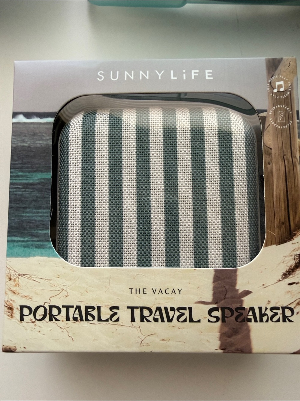 SunnyLife The Vacay Portable Travel Speaker in Green and White Stripes